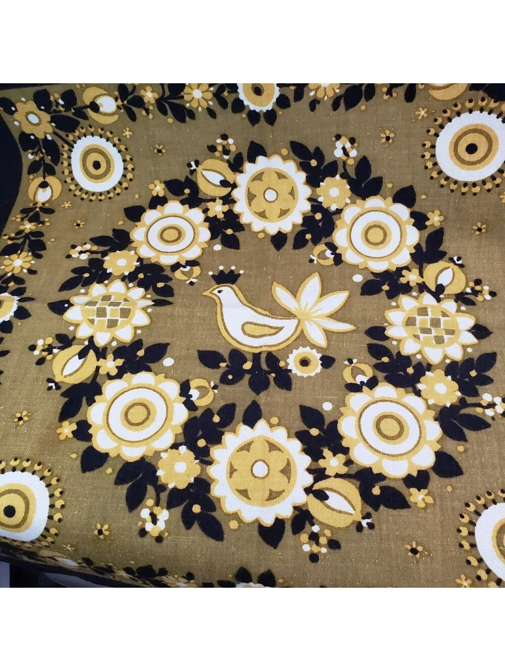 Set of 4 Boho Linen Napkins Black with Olive Green Bird Flowers 16x16